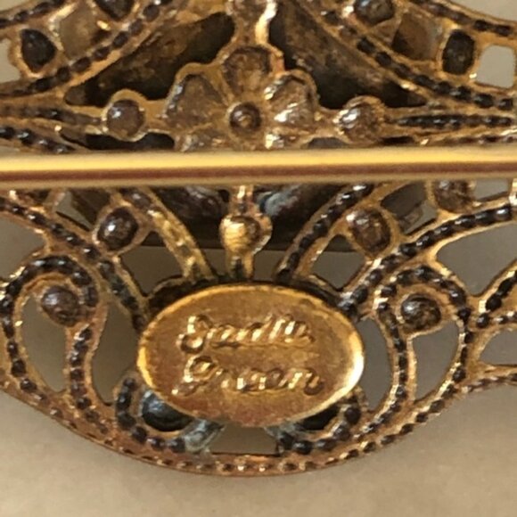 SADIE GREEN Signed Filigree Rectangle Crystal Brooch Pin Vintage - Picture 5 of 15